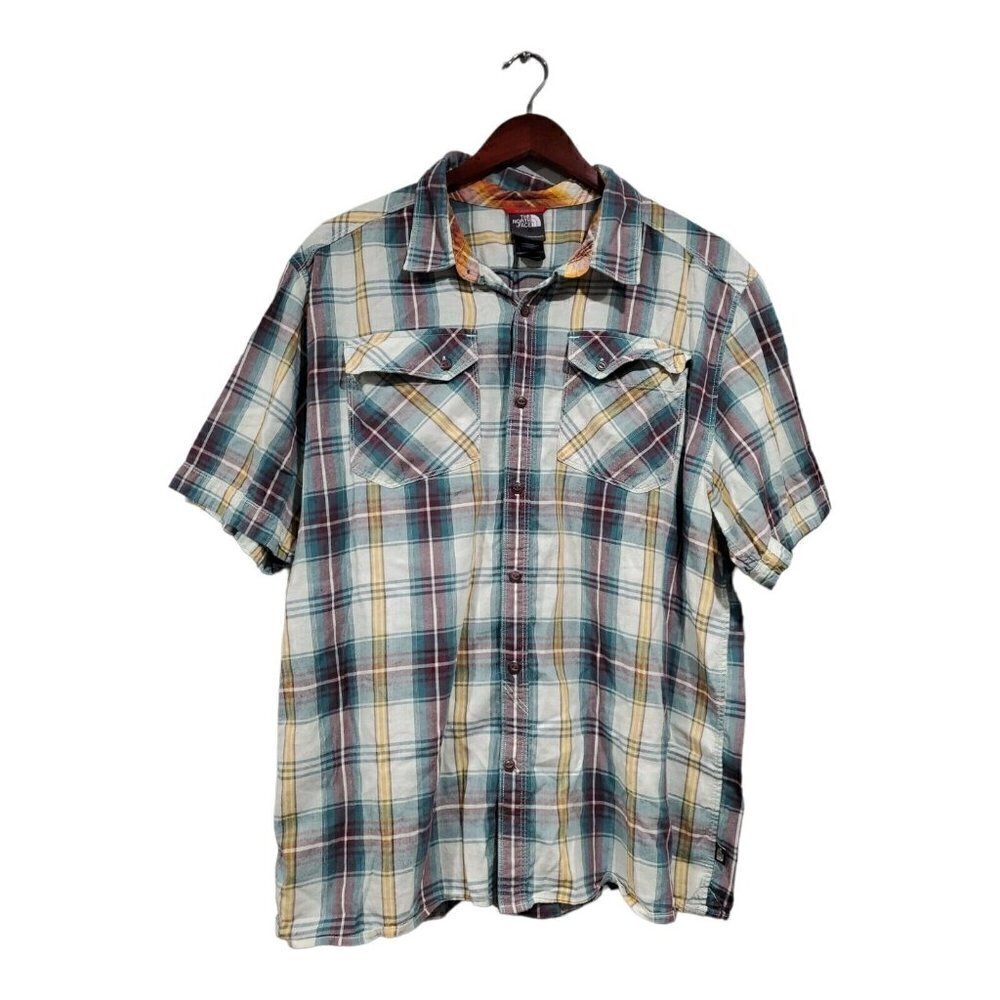 The North Face Men's Casual Button Down Short-sleeved Shirt Plaid Green Sz XL